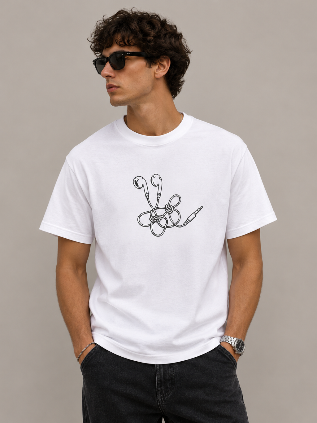Tangled Headphones Tee | Minimalist 90s Graphic T-Shirt